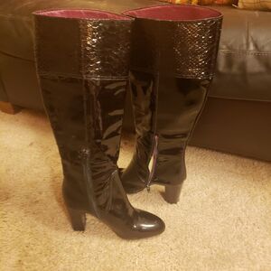 Coach Rowan black patent leather boots with snakeskin embossed cuffs Sz 6.5B